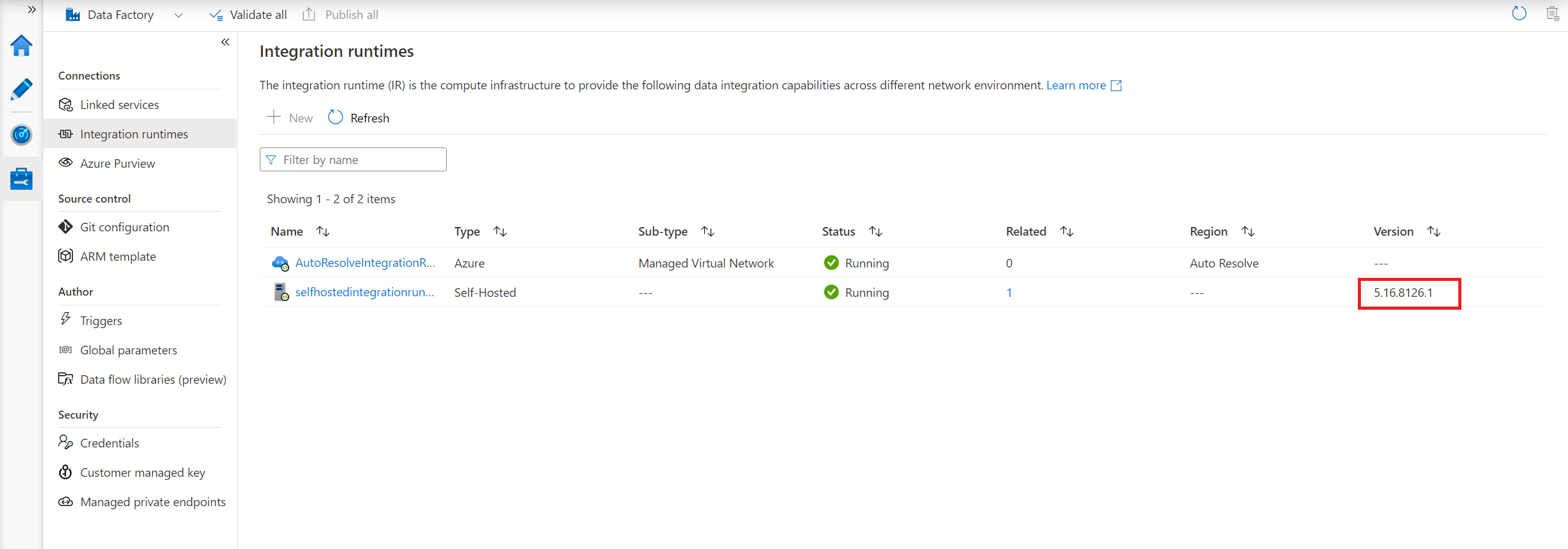 Screenshot che mostra la versione nel portale di Azure Data Factory.