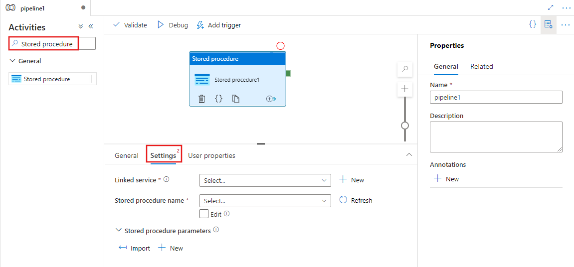 Mostra l'interfaccia utente per un'attività stored procedure.