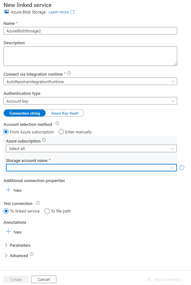 Mostra uno screenshot della finestra di connessione del set di dati con il pulsante nuovo servizio collegato evidenziato.