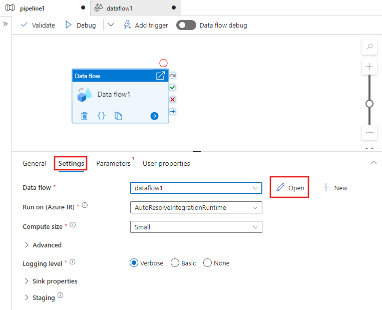 Screenshot che mostra come aprire l'editor del flusso di dati dall'editor della pipeline.