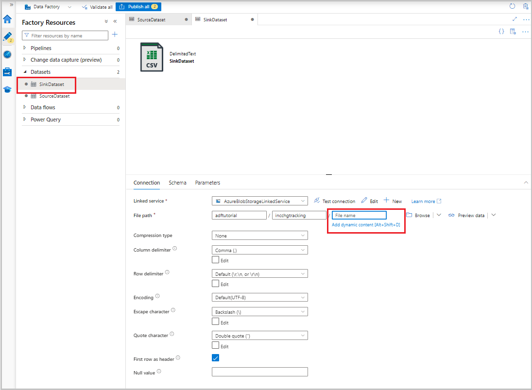 Screenshot che mostra l'opzione per impostare un percorso di file dinamico per un set di dati sink.