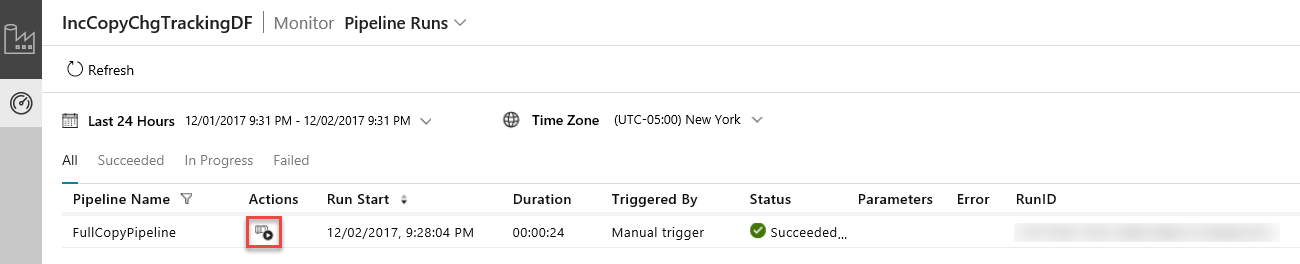 Screenshot che mostra le esecuzioni della pipeline per una data factory.