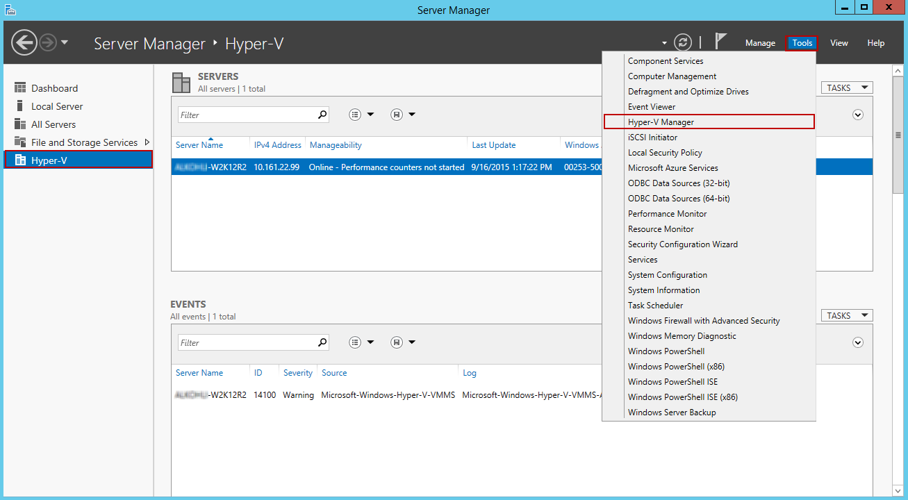 Selezionare Console di gestione di Hyper-V in Server Manager