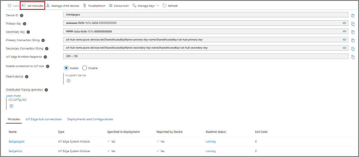 Screenshot della pagina portale di Azure, hub IoT e imposta moduli.