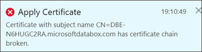 Screenshot che mostra l'errore Applica certificato quando viene caricato un certificato endpoint senza prima caricare un certificato della catena di firma in un dispositivo Azure Stack Edge.