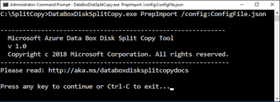 Screenshot che mostra la finestra del prompt dei comandi che esegue lo strumento Split Copy.