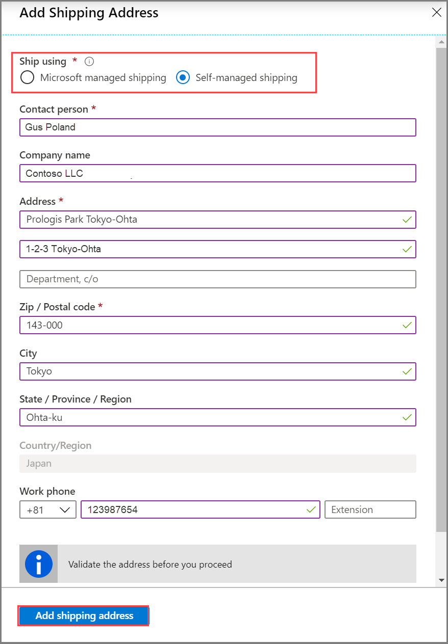 Self-managed shipping, validate and add address