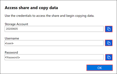 Screenshot of Access Share And Copy Data screen for an SMB share on a Data Box. Copy icons for the account, username, and password are highlighted.