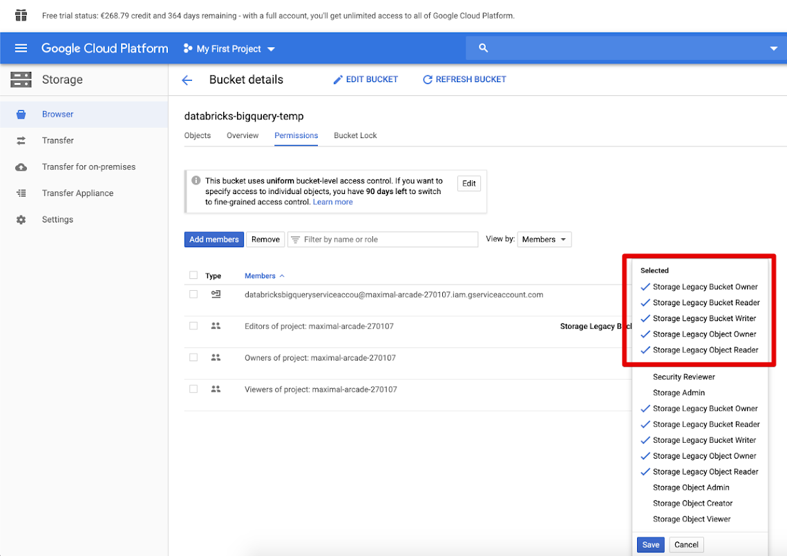 Autorizzazioni per il bucket in Google