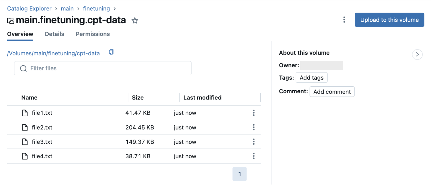 Volume UC con esempi di file di set di dati di pre-training continui