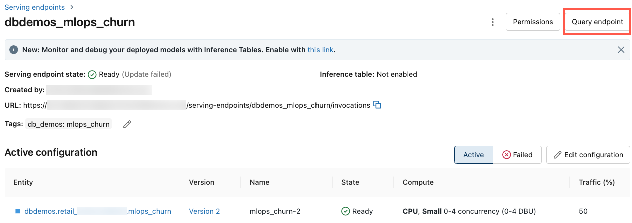 Pulsante dell'endpoint di query