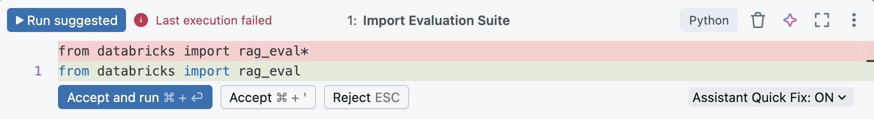 Screenshot dell'interfaccia utente della correzione di bug inline di Assistente di Databricks.