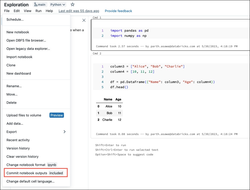 Editor di notebook: Effettua il commit degli stati e dei controlli degli output dei notebook.