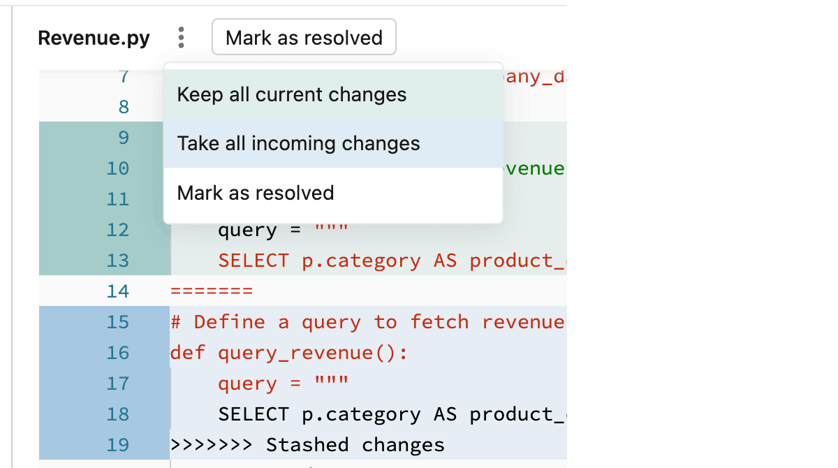 Riquadro per l'interfaccia utente del notebook di Databricks, che mostra le opzioni di elenco a discesa per la risoluzione dei conflitti di merge