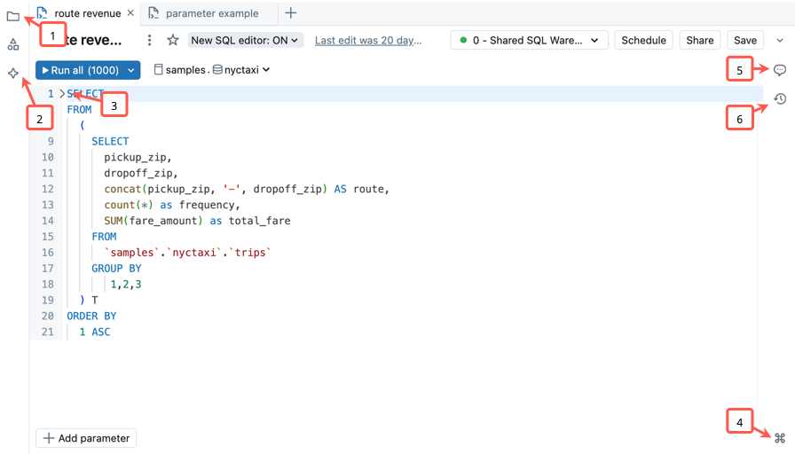 Screenshot che mostra l'editor SQL con callout etichettati come indicato nel testo.