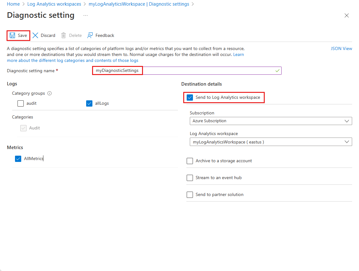 Screenshot dell'impostazione di diagnostica dell'area di lavoro Log Analytics.