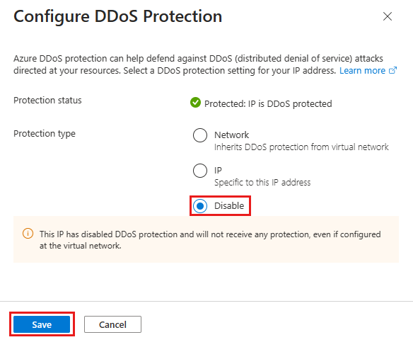 Screenshot della disabilitazione della protezione IP nelle proprietà IP pubbliche.