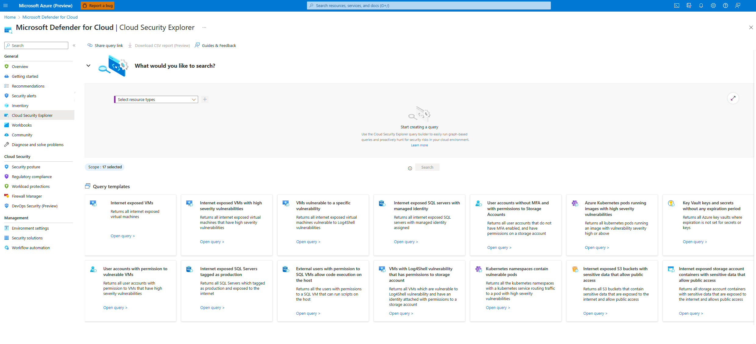 Screenshot della pagina principale di Cloud Security Explorer.