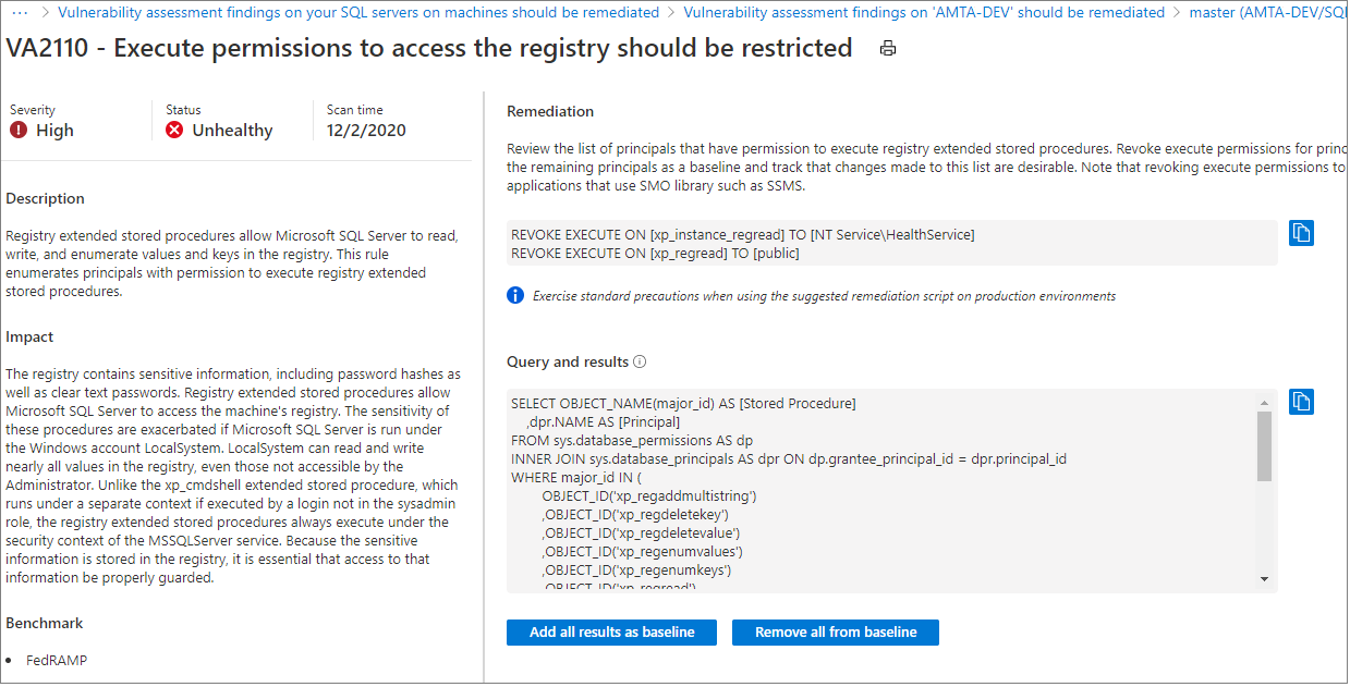 Quando si esaminano i risultati della valutazione, è possibile contrassegnare i risultati come baseline accettabile nel proprio ambiente.