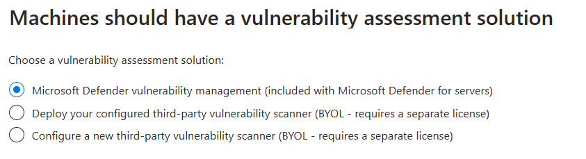 Screenshot of the window that shows the options for selecting a vulnerability assessment solution from the recommendation.