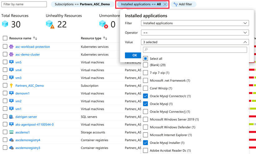 Se è stata abilitata la soluzione di minaccia e vulnerabilità, l'inventario delle risorse del Centro sicurezza offre un filtro per selezionare le risorse in base al software installato.