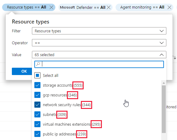 Conteggi nei filtri nella pagina inventario asset di Centro sicurezza di Azure.