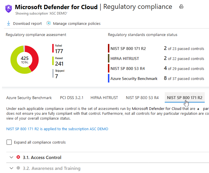 Standard NIST SP 800 171 R2 nel dashboard di conformità alle normative del Centro sicurezza