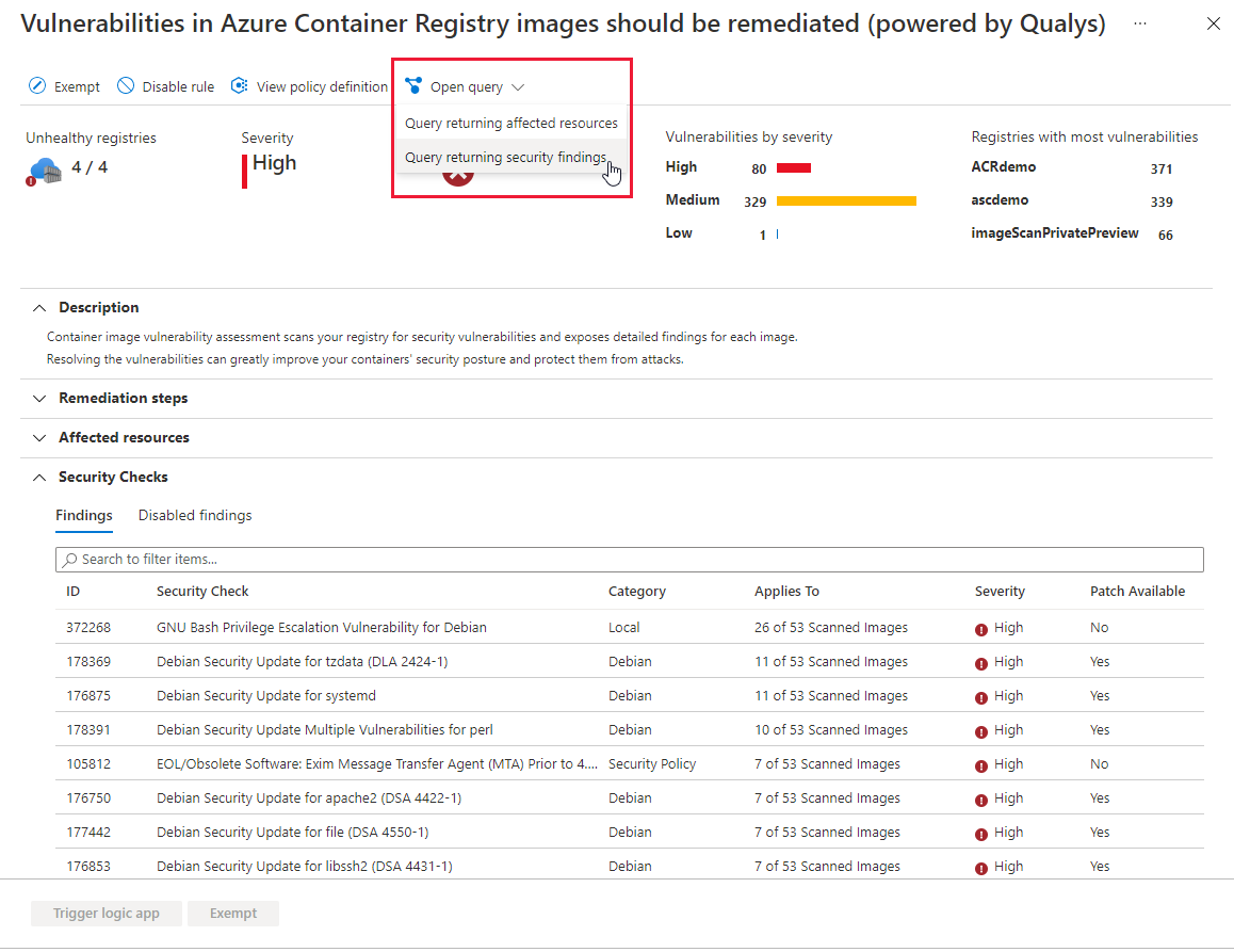 Il pulsante Apri query offre ora opzioni per una query più approfondita che mostra i risultati della sicurezza per le raccomandazioni correlate allo scanner di vulnerabilità.