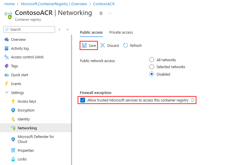 Screenshot delle impostazioni di rete del Registro Azure Container, con le opzioni Consenti ai servizi Microsoft attendibili di accedere a questo registro contenitori e Salva evidenziate.