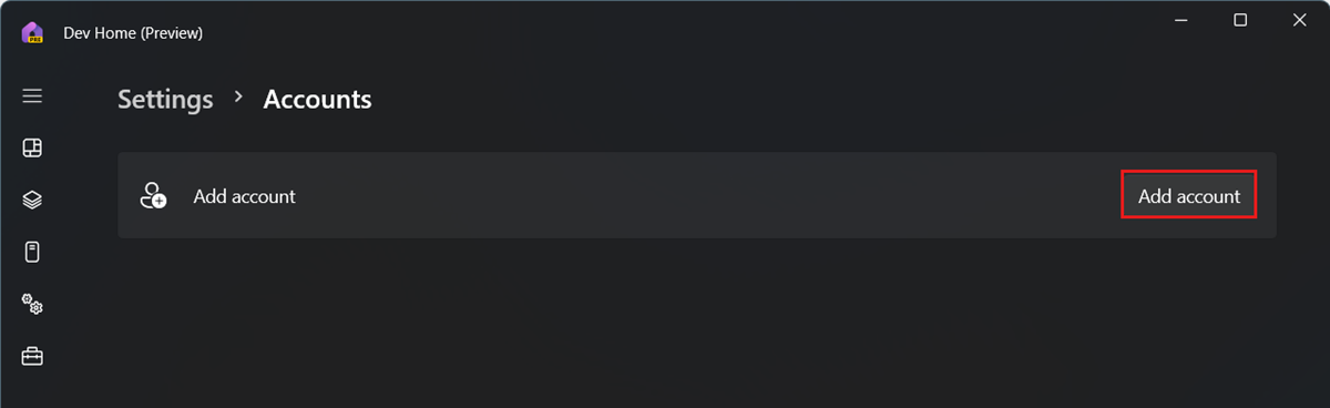 Screenshot di Dev Home, che mostra la pagina Account con l'opzione Aggiungi account evidenziata.