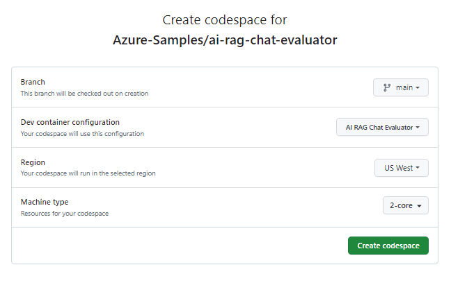 Screenshot della schermata di conferma prima di creare un nuovo codespace.