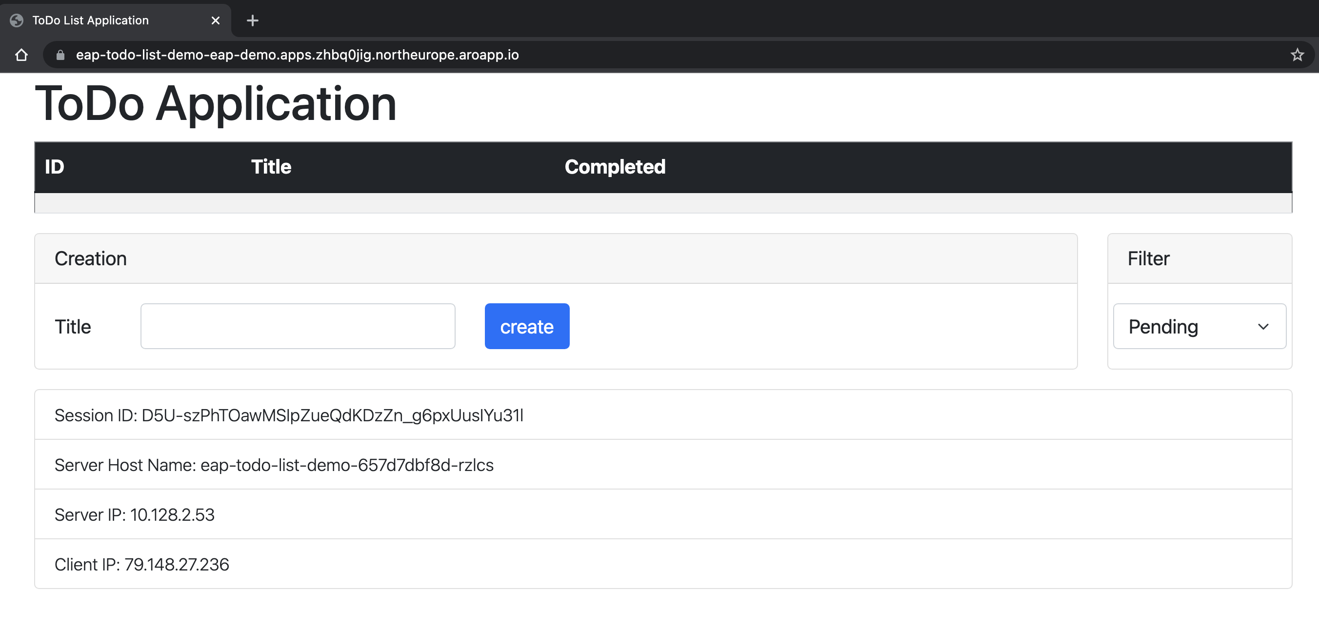 Screenshot dell'applicazione OpenShift in esecuzione.