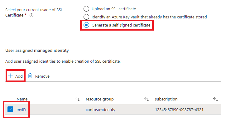 schermata del portale di Azure che mostra i campi per la generazione di un certificato autofirmato.