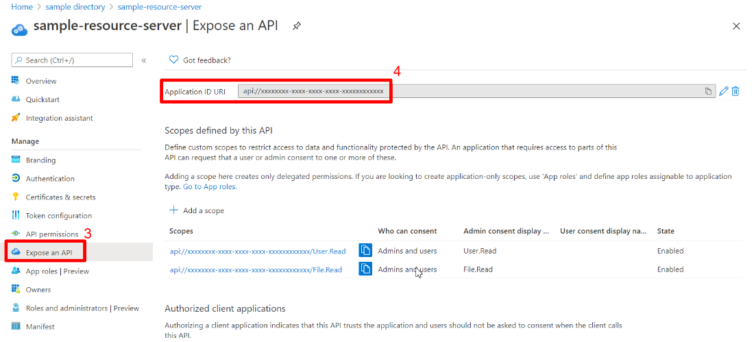 Screenshot di portale di Azure che mostra l'app Web Esporre una pagina API con l'URI ID applicazione evidenziato.