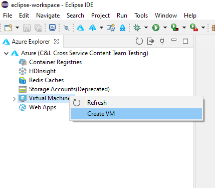 l'opzione Crea VM (macchina virtuale) in Azure Explorer.