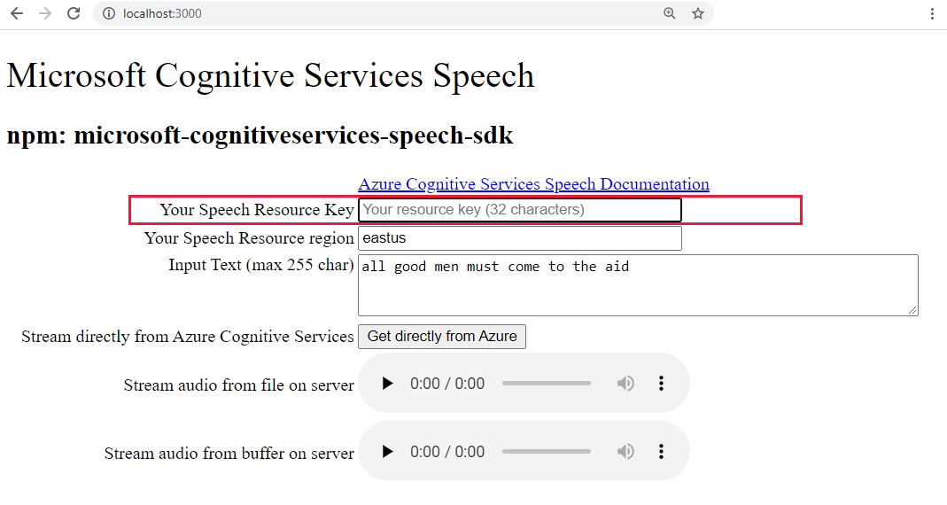 Screenshot del browser del modulo Web con il campo di input della chiave vocale evidenziato.