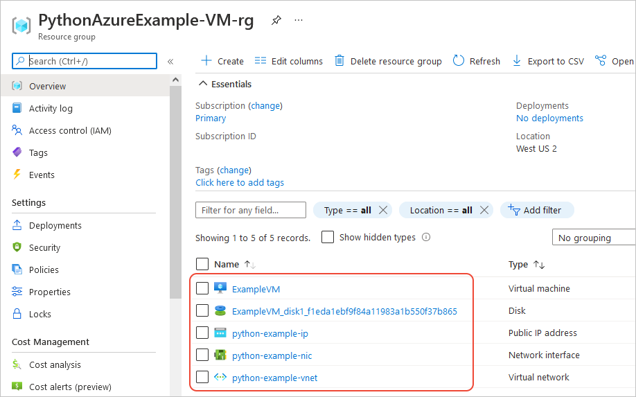 Pagina del portale di Azure relativa al nuovo gruppo di risorse che mostra la macchina virtuale e le risorse correlate