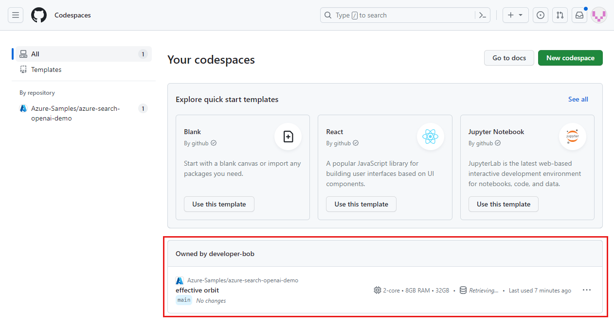 Screenshot che mostra tutti i codespace in esecuzione, incluso il loro stato e i template.