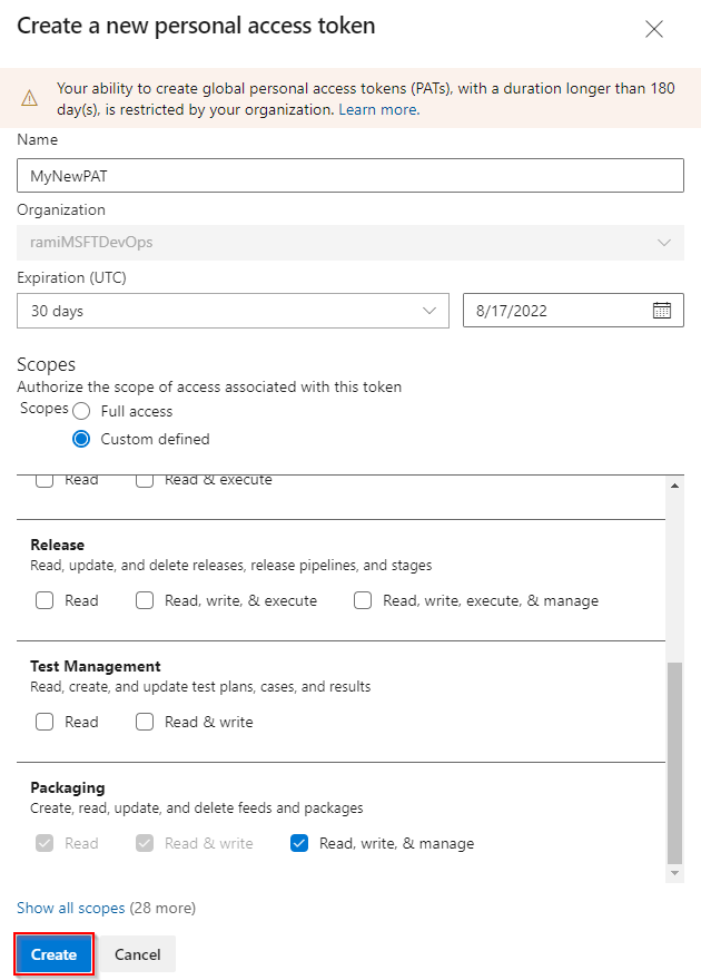 Screenshot che mostra come configurare un nuovo token di accesso personale.