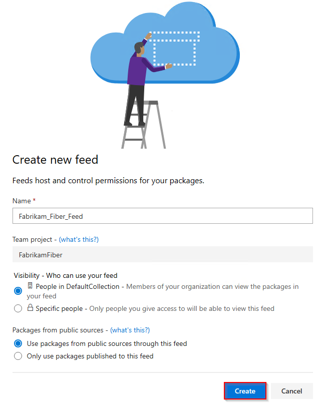 Screenshot che mostra le selezioni per la creazione di un nuovo feed in Azure DevOps 2019.