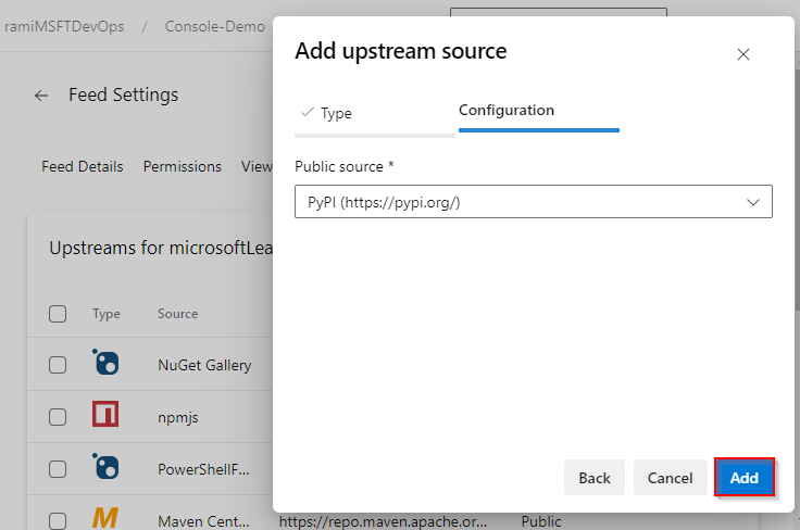 Screenshot che mostra come aggiungere PyPI come nuova origine upstream.