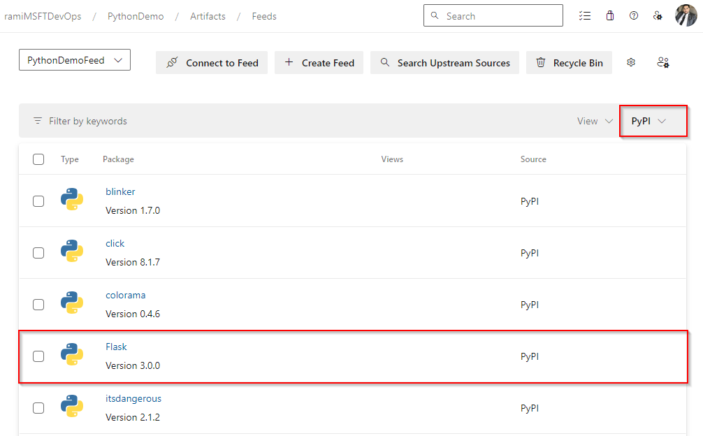 Screenshot che mostra i pacchetti installati da PyPI upstream.