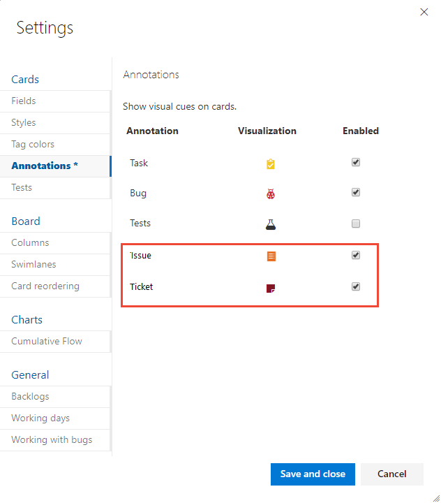 Nella pagina delle impostazioni è selezionata la scheda Annotazioni e sono elencati cinque tipi di annotazione (attività, bug, test, problema, ticket). Tutti i test, ma sono abilitati.