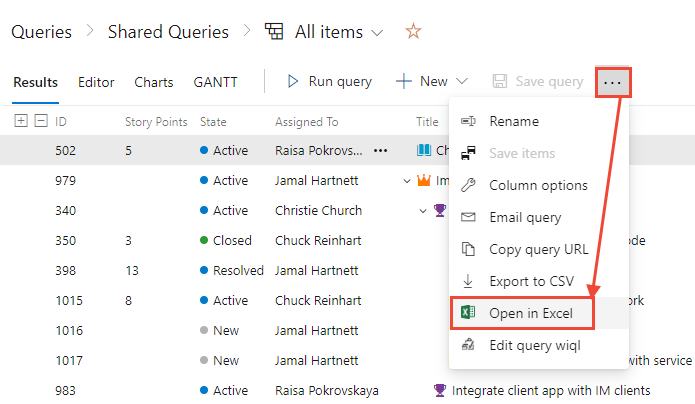 Screenshot che mostra Risultati query, menu di scelta rapida, Apri in Query open boards di Excel.