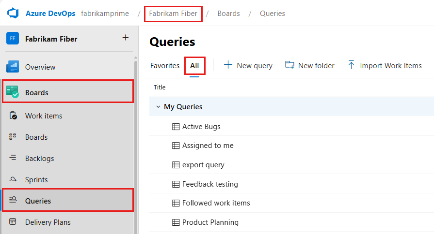 Screenshot che mostra la selezione di Boards e quindi query.