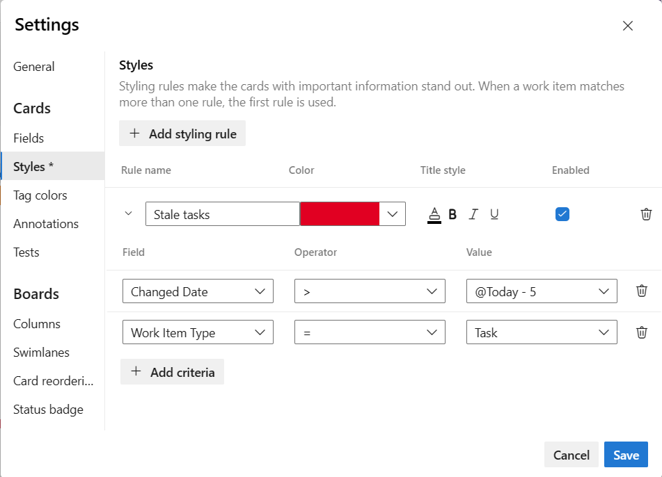 taskboard, finestra di dialogo Stile, regola di stile di esempio