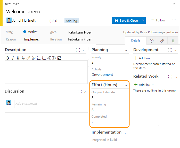 Screenshot del modulo dell'elemento di lavoro dell'attività Agile.