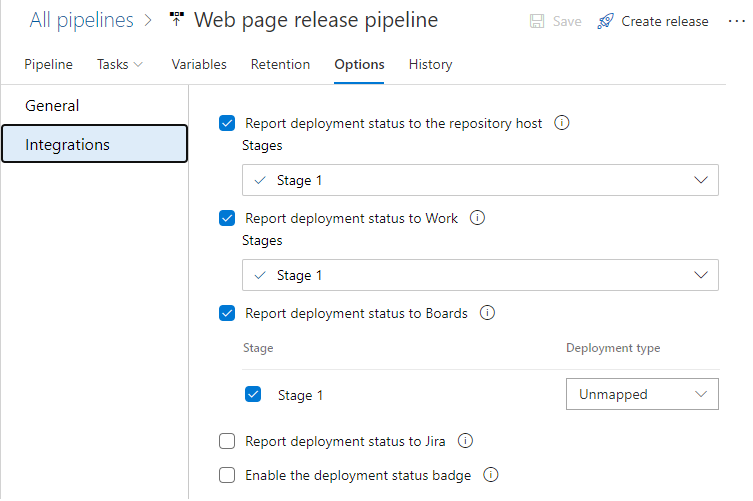 Screenshot delle impostazioni Di integrazione delle opzioni>della pipeline di versione.