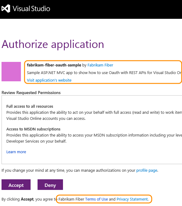 Screenshot che mostra la pagina di autorizzazione di Visual Studio Codespaces con le informazioni aziendali e dell'app.