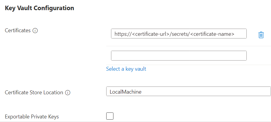 Screenshot della configurazione dei certificati di Key Vault.